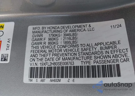 2025 Honda Civic Sport from USA, damaged, VIN 19XFL2H80SE008763